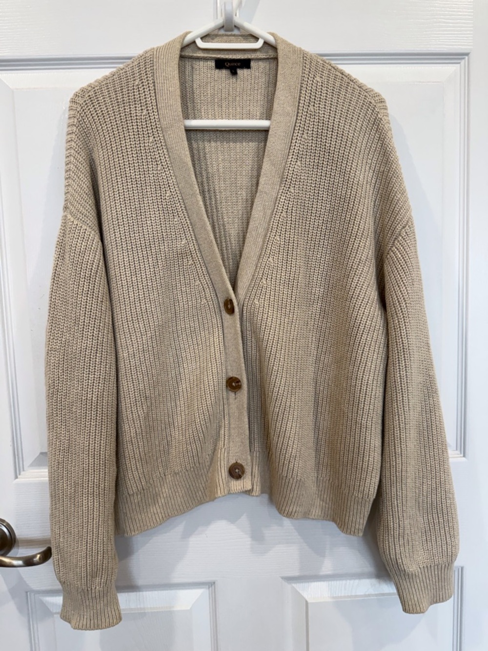 Quince Organic Cotton Fisherman Boxy Cropped Cardigan Speckled Beige L